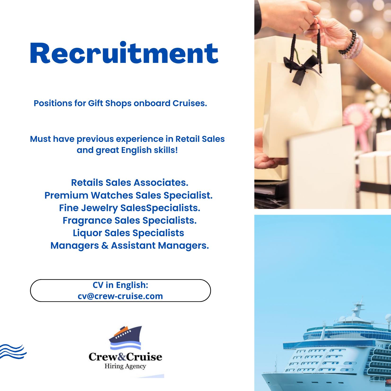Recruitment for Duty Free Shops onboard Cruises - Crew &amp; Cruise